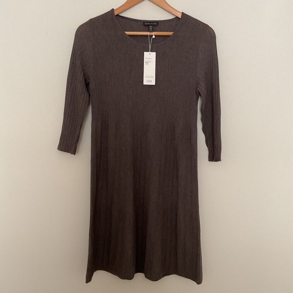 NWT EILEEN FISHER Washable Wool Rib Release Pleat Dress XXS Brown Office Capsule